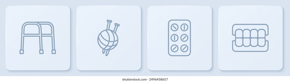 Set line Walker, Pills in blister pack, Yarn ball with knitting needles and False jaw. White square button. Vector