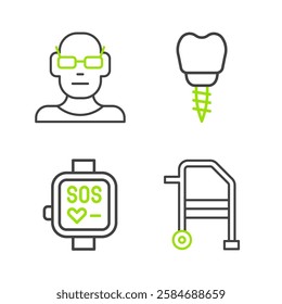 Set line Walker, Smart watch, Dental implant and Poor eyesight icon. Vector