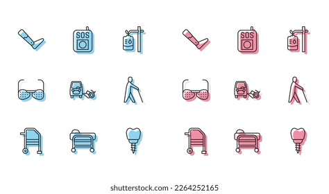 Set line Walker, Stretcher, Prosthesis leg, Dental implant, Disabled car, Blind human holding stick, glasses and Press SOS button icon. Vector