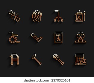 Set line Walker, Walking stick cane, Human broken bone, Prosthesis leg, Medical hospital building, Head of deaf and dumb and Separated toilet for disabled icon. Vector