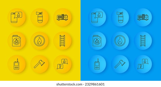 Set line Walkie talkie, Canister for flammable liquids, Fire flame, Phone with emergency call 911, escape, truck and extinguisher icon. Vector