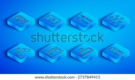 Set line Walkie talkie, Cloud technology data, USB cable cord, Radio, Computer keyboard, Network, Wireless gamepad and Remote control icon. Vector