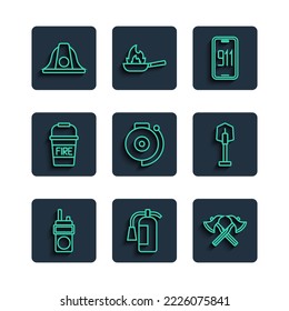 Set line Walkie talkie, Fire extinguisher, Firefighter axe, Mobile emergency call 911, Ringing alarm bell, bucket, helmet and shovel icon. Vector