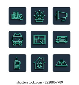 Set line Walkie talkie, Fire in burning house, Firefighter helmet, Megaphone, Evacuation plan, truck, buildings and  icon. Vector