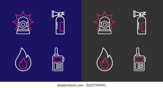 Definir linha Walkie talkie, chama de fogo, extintor e ícone de sirene Flasher. Vetor