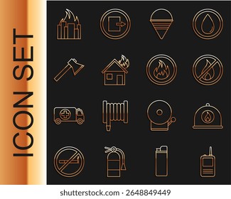 Set line Walkie talkie, capacete de bombeiro, Sem fogo, balde cone, em casa em chamas, machado, edifícios e ícone de chama. Vetor