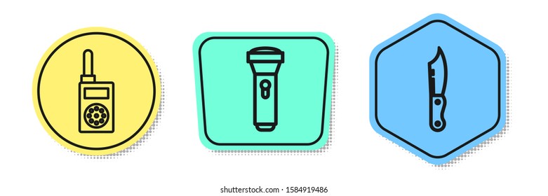 Set line Walkie talkie , Flashlight  and Military knife . Colored shapes. Vector