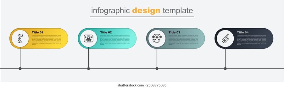 Juego de línea Walkie talkie, máscara de gas, sistema de alarma de incendios y cubo de extinción de incendios. Plantilla de infografía de negocios. Vector