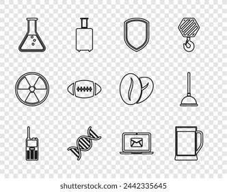 Set line Walkie talkie, Glass of beer, Shield, DNA symbol, Test tube and flask, American Football ball, Laptop with envelope and Rubber plunger icon. Vector