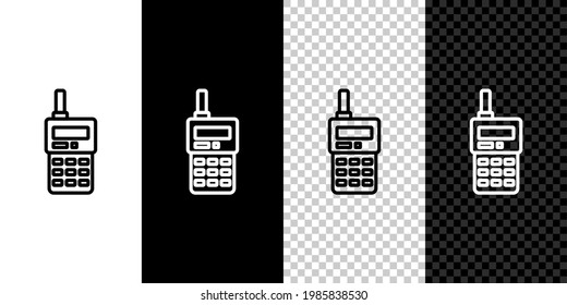 Set line Walkie talkie icon isolated on black and white, transparent background. Portable radio transmitter icon. Radio transceiver sign.  Vector