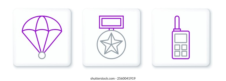 Set line Walkie talkie, Parachute and Military reward medal icon. Vector