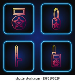 Set line Walkie talkie , Police rubber baton , Military reward medal  and Military dog tag . Gradient color icons. Vector