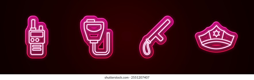 Set line Walkie talkie, , Police rubber baton and cap with cockade. Glowing neon icon. Vector