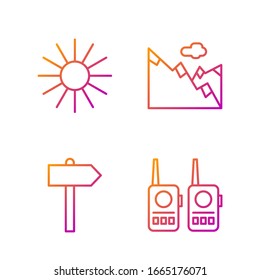 Set line Walkie talkie, Road traffic signpost, Sun and Mountains. Gradient color icons. Vector