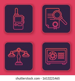 Set line Walkie talkie, Scales of justice, Document with search and Safe. Blue square button. Vector