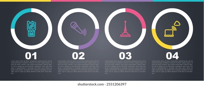 Definir linha Walkie talkie, microfone sem fio, Antena e conexão de rede em nuvem. Modelo de infográfico comercial. Vetor