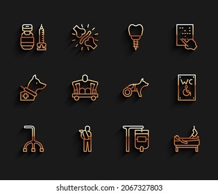 Set Line Walking Stick Cane, Human Broken Arm, Syringe, IV Bag, Patient With Leg, Man Without Legs Sitting Wheelchair, Separated Toilet For Disabled And Dog Icon. Vector