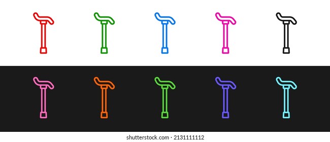 Set line Walking stick cane icon isolated on black and white background.  Vector