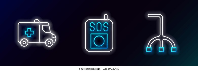 Set line Walking stick cane, Emergency car and Press the SOS button icon. Glowing neon. Vector