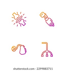 Set line Walking stick cane, Hearing aid, Joint pain, knee pain and Prosthesis hand. Gradient color icons. Vector