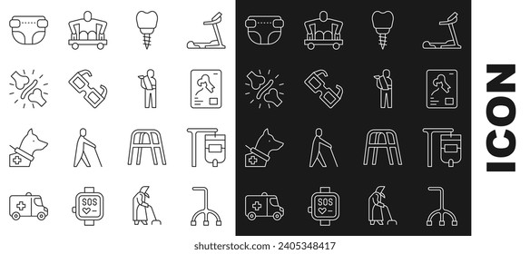 Set line Walking stick cane, IV bag, X-ray shots, Dental implant, Eyeglasses, Joint pain, knee pain, Adult diaper and Human broken arm icon. Vector