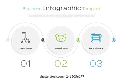 Set line Walking stick cane, Adult diaper and Stretcher. Business infographic template. Vector