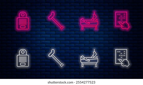 Set line Walking stick cane, Patient with broken leg, Intercom and Braille. Glowing neon icon on brick wall. Vector