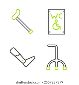 Set line Walking stick cane, Prosthesis leg, Separated toilet for disabled and  icon. Vector