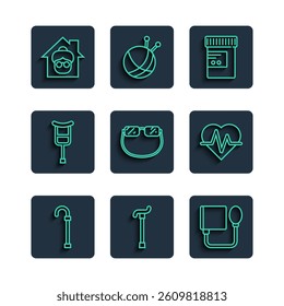 Set line Walking stick cane, Blood pressure, Medicine bottle and pills, Eyeglasses, Crutch or crutches, Nursing home and Heart rate icon. Vector