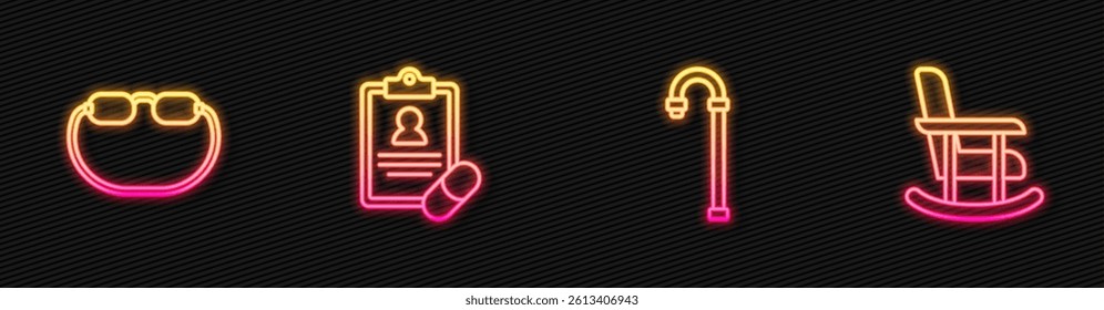 Set line Walking stick cane, Eyeglasses, Medical prescription and Rocking chair. Glowing neon icon. Vector