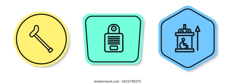 Set line Walking stick cane, Intercom and Elevator for disabled. Colored shapes. Vector