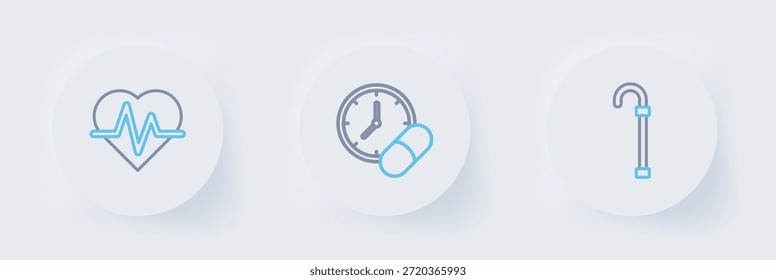 Línea de conjunto Bastón de bastón, píldora o tableta de medicina e icono de frecuencia cardíaca. Vector