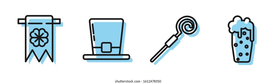 Set line Walking stick, Four leaf clover and party pennant, Leprechaun hat and Glass of beer icon. Vector