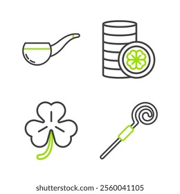 Set line Walking stick, Four leaf clover, Gold coin with four and Smoking pipe icon. Vector