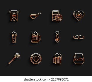 Set Line Walking Stick, Heart And Happy Saint Patrick Day, Four Leaf Clover Party Pennant, Wooden Beer Mug, Glass Of Whiskey, Mustache And Tie With Four Icon. Vector