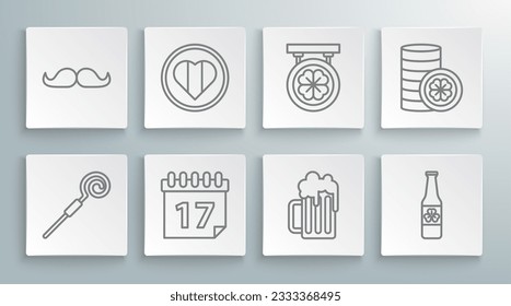 Set line Walking stick, Heart and Happy Saint Patrick day, Patrick's with calendar, Wooden beer mug, Beer bottle four leaf clover, Street signboard, Gold coin and Mustache icon. Vector