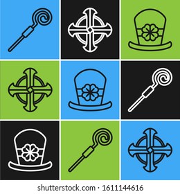 Set line Walking stick, Leprechaun hat and four leaf clover and Celtic cross icon. Vector