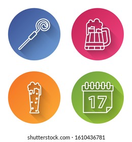 Set line Walking stick, Wooden beer mug, Glass of beer and Saint Patrick's day with calendar. Color circle button. Vector