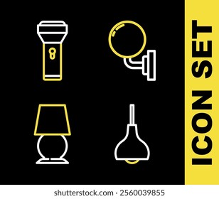 Set line Wall lamp or sconce, Lamp hanging, Table and Flashlight icon. Vector