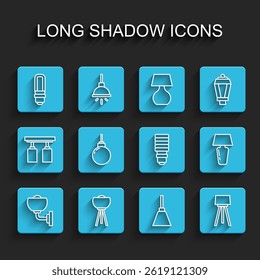 Set line Lámpara de pared o lámpara, piso, bombilla led, lámpara, lámpara colgante, mesa e icono. Vector