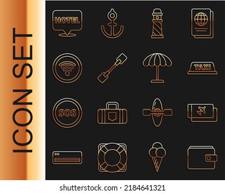 Set line Wallet, Airline ticket, Taxi car roof, Lighthouse, Paddle, Wi-Fi wireless internet network, Location hotel and Sun protective umbrella for beach icon. Vector