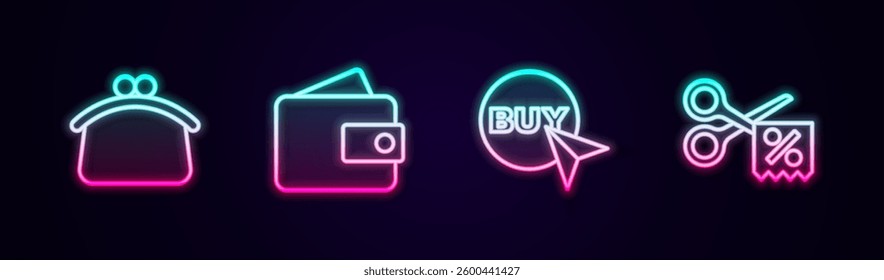 Set line Wallet, Buy button and Scissors cuts discount coupon. Glowing neon icon. Vector