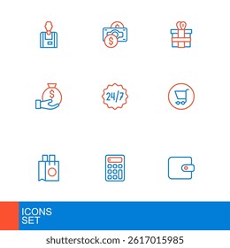Set line Wallet, Calculator, Paper shopping bag, Shopping cart, Money, Clock 24 hours, Gift box and Stacks paper money cash icon. Vector