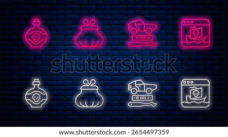 Set line Wallet, Car theft, Poison in bottle and Internet piracy. Glowing neon icon on brick wall. Vector