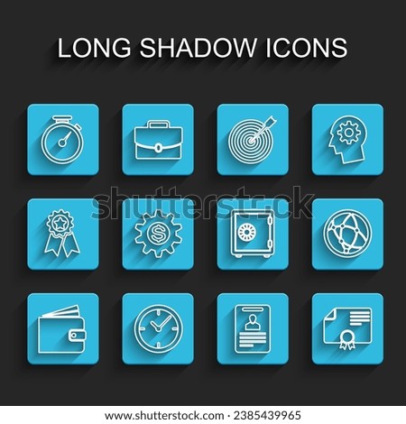 Set line Wallet, Clock, Stopwatch, Identification badge, Certificate template, Gear with dollar symbol, Social network and Safe icon. Vector