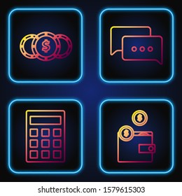 Set line Wallet with coins, Calculator, Coin money with dollar symbol and Speech bubble chat. Gradient color icons. Vector