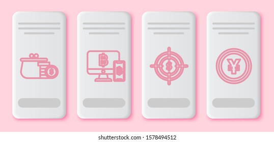 Set line Wallet with coins, Computer monitor with mobile phone and bitcoin, Target with dollar symbol and Coin money with Yen symbol. White rectangle button. Vector