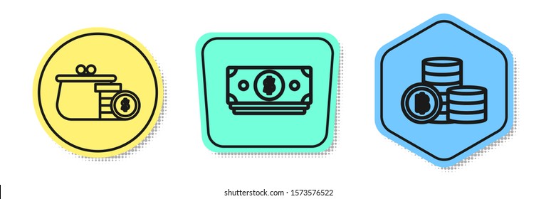 Set line Wallet with coins, Stacks paper money cash and Cryptocurrency coin Bitcoin. Colored shapes. Vector