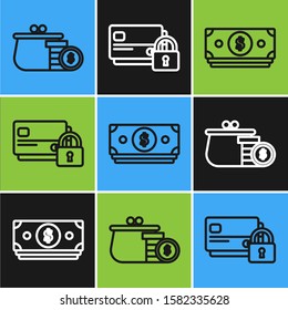 Set line Wallet with coins, Stacks paper money cash and Credit card with lock icon. Vector