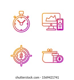 Set line Wallet with coins, Target with dollar symbol, Stopwatch and Financial chart or graph on the computer monitor and mobile phone. Gradient color icons. Vector